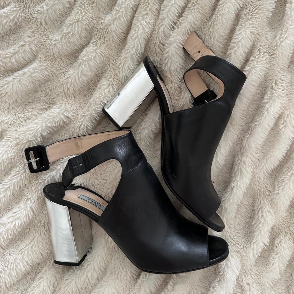 Prada Black and Silver Block Heel Sandals